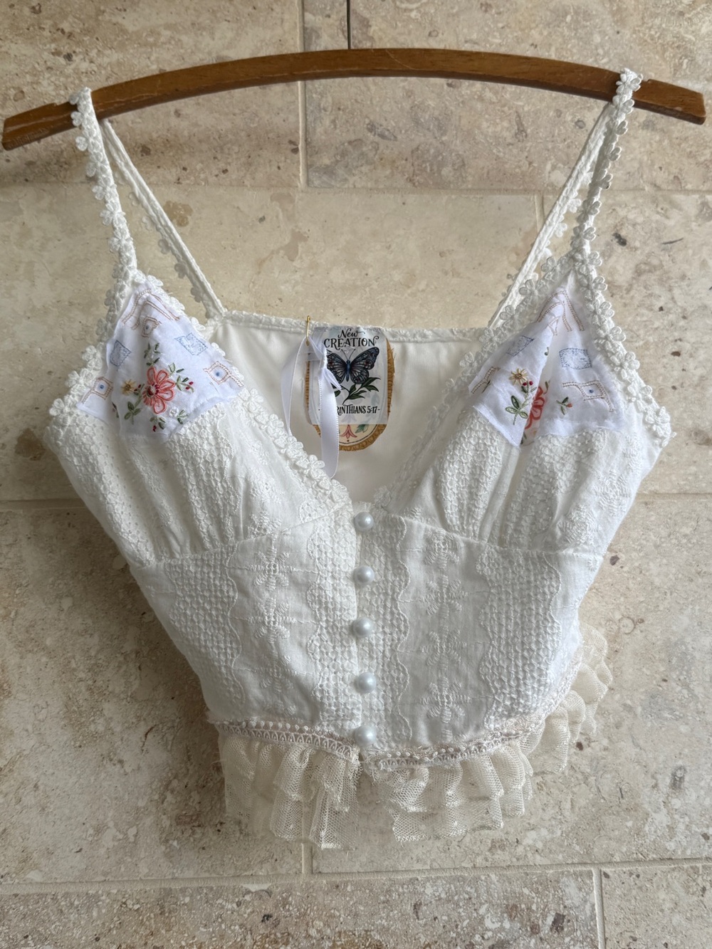 One of a Kind Upcycled White Lace Embroidered Bustier Crop Top